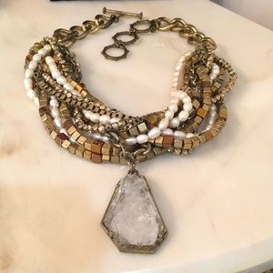 Ann Taylor Gold Tone Pearlized twist Statement Necklace with lucite pendant